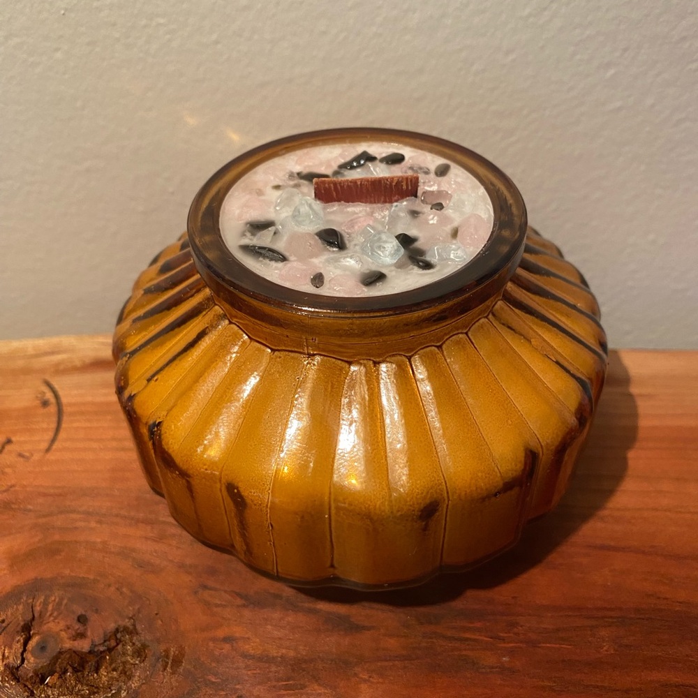 Handmade Brown Glass Candle with Rose Quartz, Aquamarine, & Obsidian Crystals